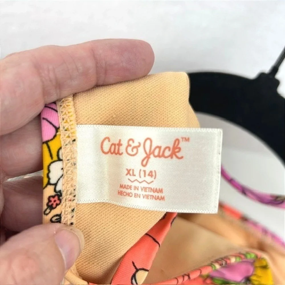 Cat & Jack Girls Floral One Piece Swimsuit Side Cut Out Orange Pink XL 14